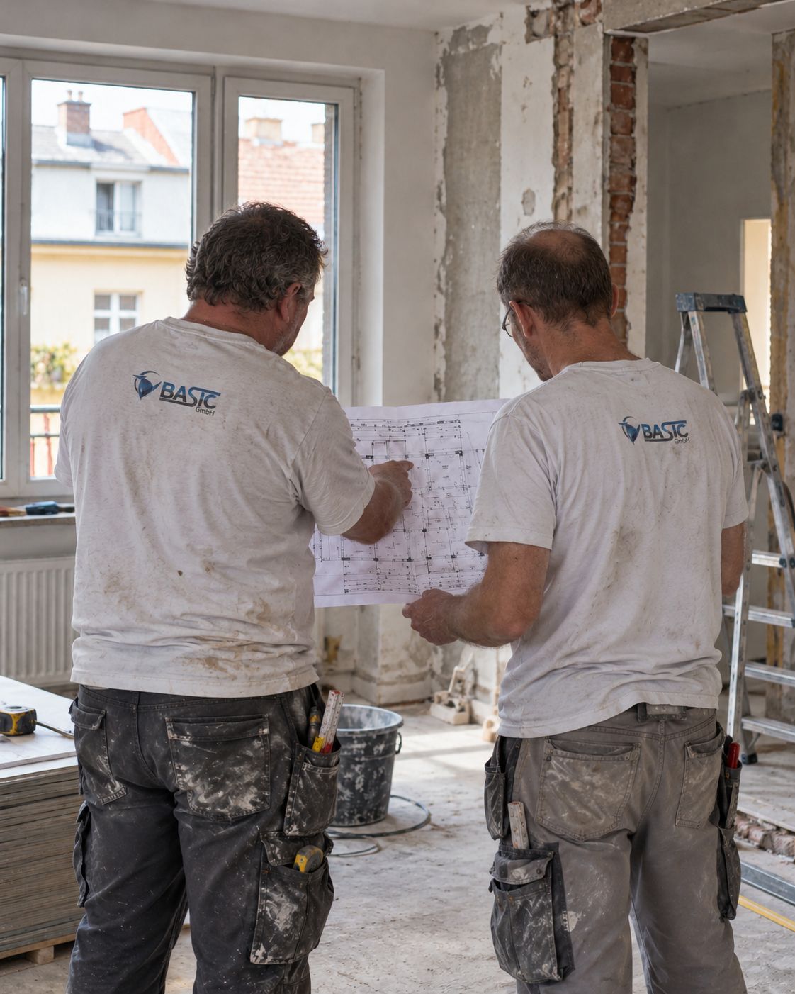 Mitarbeiter der Basic GmbH planen eine Komplettsanierung anhand des Grundrisses